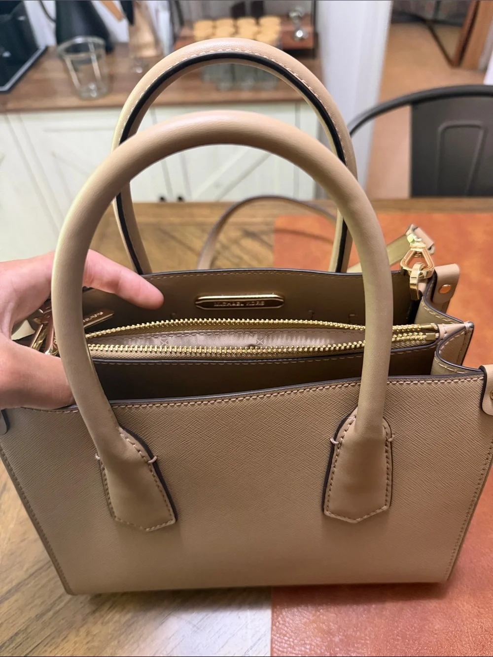 Michael Kors Taupe Saffiano Leather Satchel with Gold Studs